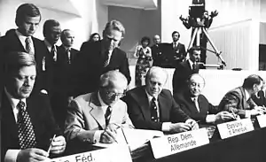 Image 18Signing the Helsinki Accords are the West German Chancellor Helmut Schmidt, East Germany's leader Erich Honecker, US president Gerald Ford and the Austrian chancellor Bruno Kreisky (from History of Finland)