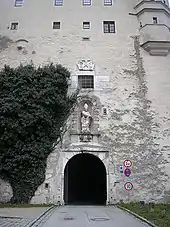 The main gate, appraoched from the East. Above the gate is a statue of St Willibald. The gate gives entrance to the gate hall which leads to the inner courtyard