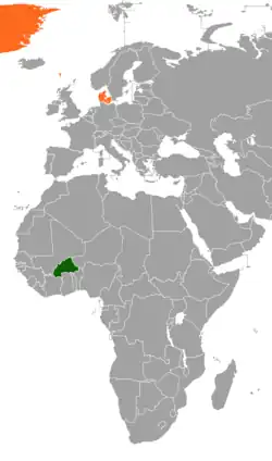 Map indicating locations of Burkina Faso and Denmark