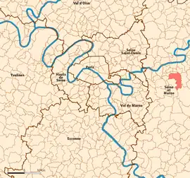 Location (in red) within Paris inner and outer suburbs