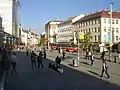 Anděl crossroad from Nádražní Street viewed towards Štefánikova Street in the north.