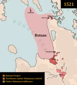 Map of the Rajahnate of Butuan in 1521, with Butuan proper (colored dark brown), its controlled territories (brown), and territories under its influence (light brown).