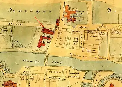 Plan of the monastery of 16th to 18th centuries - Drawing by Reichert and Emil Gustav Schulz in 1890. Poor Clares' Church and Monastery are at the top of the map.