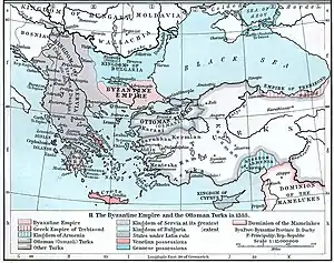 Map of the Balkans and Anatolia. The western Balkans are almost entirely dominated by Serbia, and the eastern are divided between Bulgaria and Byzantium. Anatolia is controlled by the Turks, with the Ottoman emirate in the northwest, opposite Byzantium, highlighted. Small Christian exclaves in Anatolia are Trebizond in the northeast and Armenia in the southeast. In the Aegean, most islands belong to Latin states, especially Venice.