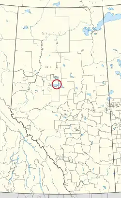 A map of the province of Alberta showing 80 counties and 145 small Indian reserves. One is highlighted with a red circle.