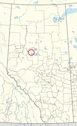 A map of the province of Alberta showing 80 counties and 145 small Indian reserves. One is highlighted with a red circle.