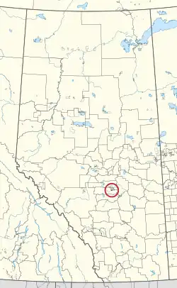 A map of the province of Alberta showing 80 counties and 145 small Indian reserves. One is highlighted with a red circle.