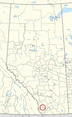 A map of the province of Alberta showing 80 counties and 145 small Indian reserves. One is highlighted with a red circle.