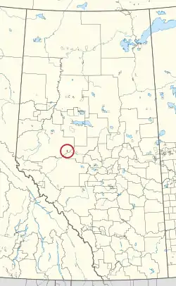 A map of the province of Alberta showing 80 counties and 145 small Indian reserves. One is highlighted with a red circle.