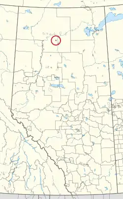 A map of the province of Alberta showing 80 counties and 145 small Indian reserves. One is highlighted with a red circle.