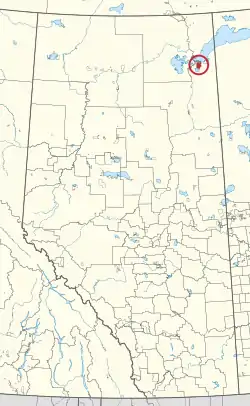 A map of the province of Alberta showing 80 counties and 145 small Indian reserves. One is highlighted with a red circle.