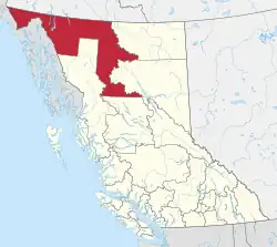 A map of British Columbia depicting its 29 regional districts and equivalent municipalities. One is highlighted in red.