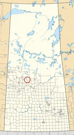 A map of the province of Saskatchewan showing 297 rural municipalities and hundreds of small Indian reserves. One is highlighted with a red circle.