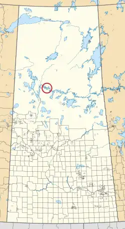 A map of the province of Saskatchewan showing 297 rural municipalities and hundreds of small Indian reserves. One is highlighted with a red circle.