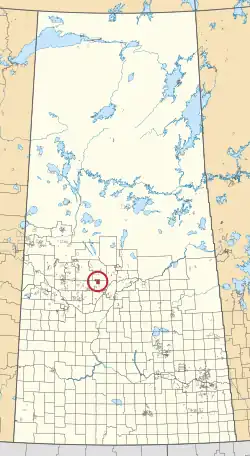 A map of the province of Saskatchewan showing 297 rural municipalities and hundreds of small Indian reserves. One is highlighted with a red circle.