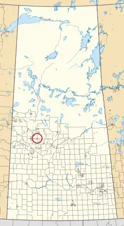 A map of the province of Saskatchewan showing 297 rural municipalities and hundreds of small Indian reserves. One is highlighted with a red circle.