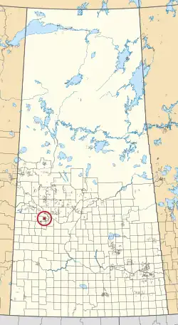 A map of the province of Saskatchewan showing 297 rural municipalities and hundreds of small Indian reserves. One is highlighted with a red circle.