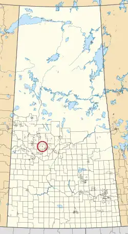 A map of the province of Saskatchewan showing 297 rural municipalities and hundreds of small Indian reserves. One is highlighted with a red circle.