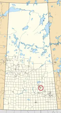 A map of the province of Saskatchewan showing 297 rural municipalities and hundreds of small Indian reserves. One is highlighted with a red circle.