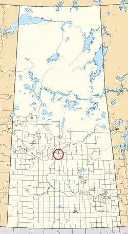 A map of the province of Saskatchewan showing 297 rural municipalities and hundreds of small Indian reserves. One is highlighted with a red circle.