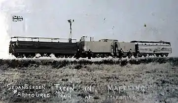 Armoured 3rd Class 4-4-0 locomotive at Mafeking, c. 1899