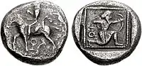 Possible coin of Syennesis, Tarsos. Circa 425-400 BC. Satrap on horseback riding left; behind, eagle perched left on branch; monogram below / Archer in kneeling-running stance right, drawing bow; monogram behind.