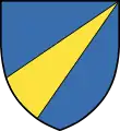 Arms of Kagg family [sv] (Sweden): Azure, a pile issuing from the base in bend sinister Or.