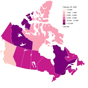 Total cases per 100,000 inhabitants by province/territory