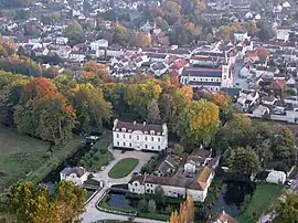 An aerial view of the chateau and town centre