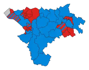 Results map for CWaC, showing Labour with most urban seats and Conservatives with most rural seats, with some seats on the edges of towns in mixed control, and an independent in Parkgate.