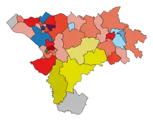 Map showing swing to Labour across the majority of wards, swing to Lib Dems across southern seats, swing to independents in Malpas and Parkgate, swing to Greens in Garden Quarter, swing to UKIP in Ellesmere Port Town.