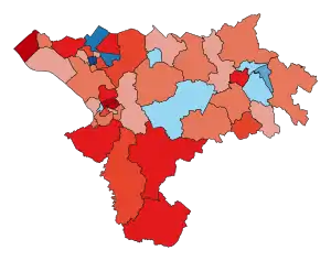 Map showing swing to Labour across the majority of wards, swing to Conservatives in some areas of Ellesmere Port and Northwich, and some rural wards.