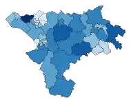 Map of Conservative vote share, concentrated in rural seats and some suburbs.