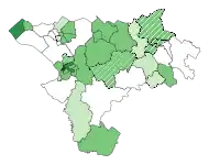 Map of Green candidates and vote share, concentrated in wards of Chester.