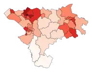 Map of Labour vote share, concentrated in urban seats and some suburbs.