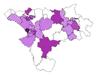 Map of UKIP candidates and vote share, scattered across urban and rural seats.