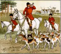 Caldecott's illustrations in The Fox Jumps Over the Parson's Gate (1883) show the subtle blend of colours Evans achieved with only a few colour blocks.