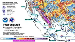 Total snowfall for California from December 26, 2022 to January 11, 2023