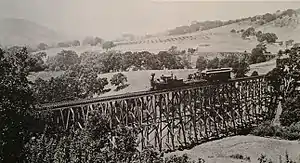 Train on trestle bridge of California and Nevada Railroad