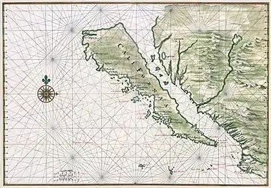 Image 37California was often depicted as an island, due to the Baja California peninsula, from the 16th to the 18th centuries, such as in this 1650 map by cartographer Johannes Vingboons. (from History of California)