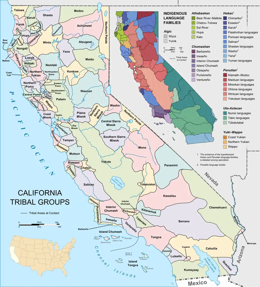 Two maps of California. One is color-coded and labeled to show the boundaries of different tribal groups and the other shows the boundaries of languages