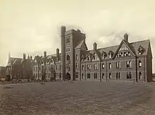 Black and white photograph of large building