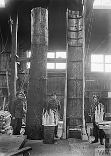 An approximately 20-feet high tree in a wooden workshop, with three men in military uniforms