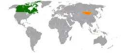 Map indicating locations of Canada and Mongolia