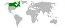 Map indicating locations of Canada and North Korea