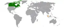 Map indicating locations of Canada and Singapore