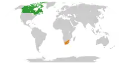 Map indicating locations of Canada and South Africa