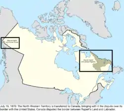 Map of the change to the international disputes involving Canada on July 15, 1870