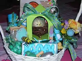 Marshmallow rabbits, candy eggs and other treats in an Easter basket