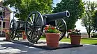 Cannon monument foreground, courthouse in background. Flower pots around the cannon.